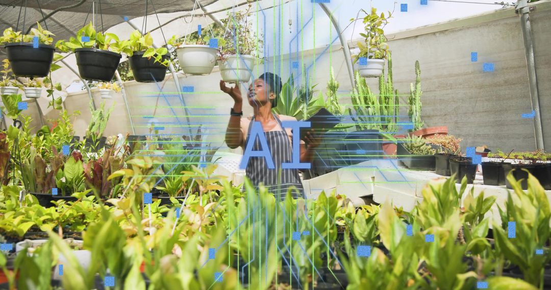 Greenhouse gardener smelling hanging planter with AI overlay visualizing plant health