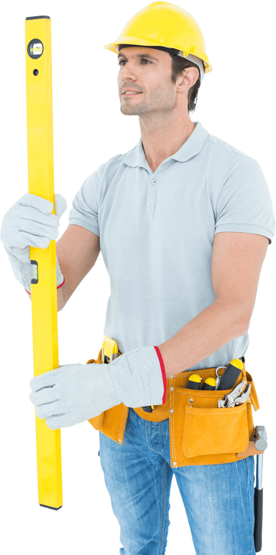 Transparent Image of Carpenter Using Spirit Level in Work Gear