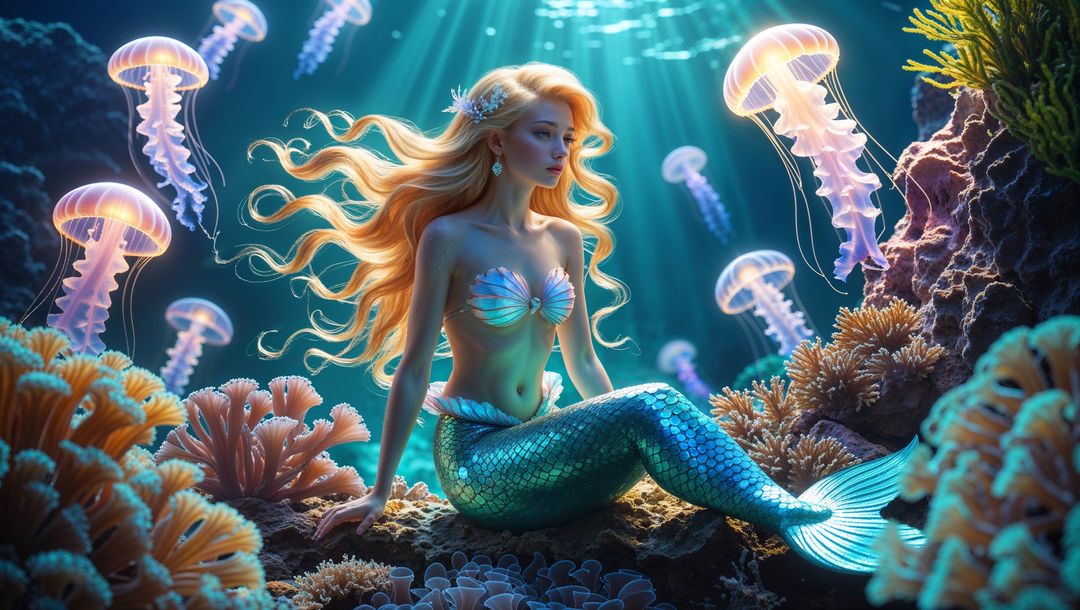 Beautiful Mermaid Surrounded by Luminescent Jellyfish