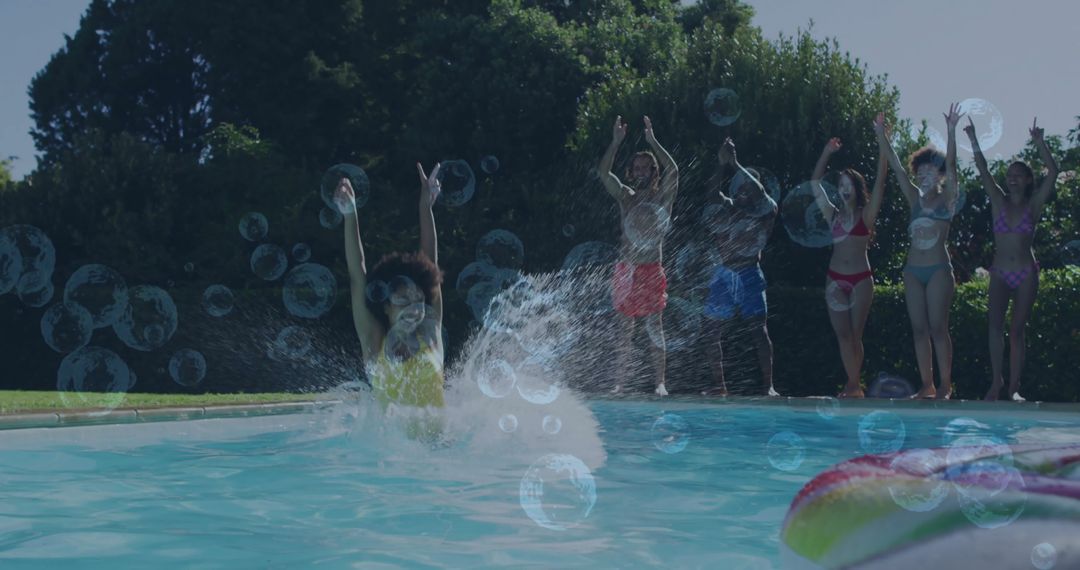 Woman Jumping into Pool with Friends in Cheerful Summer Scene