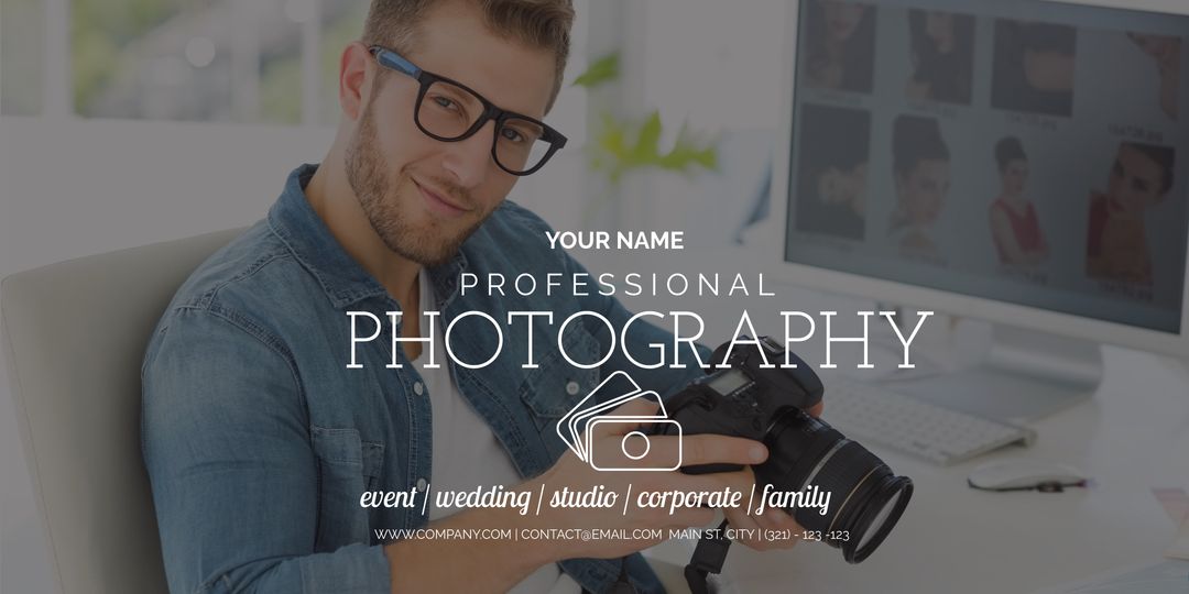 Friendly portrait photographer promoting expert services
