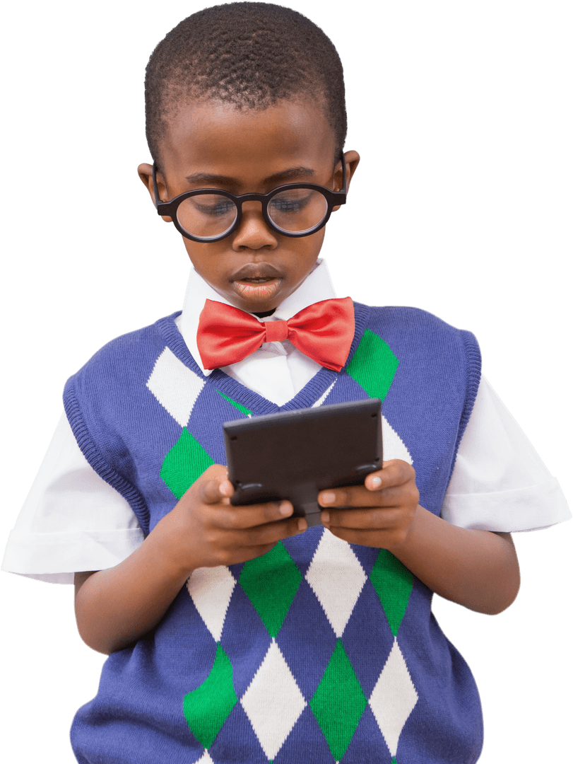 Young Schoolboy Engaging with Calculator on Transparent Background