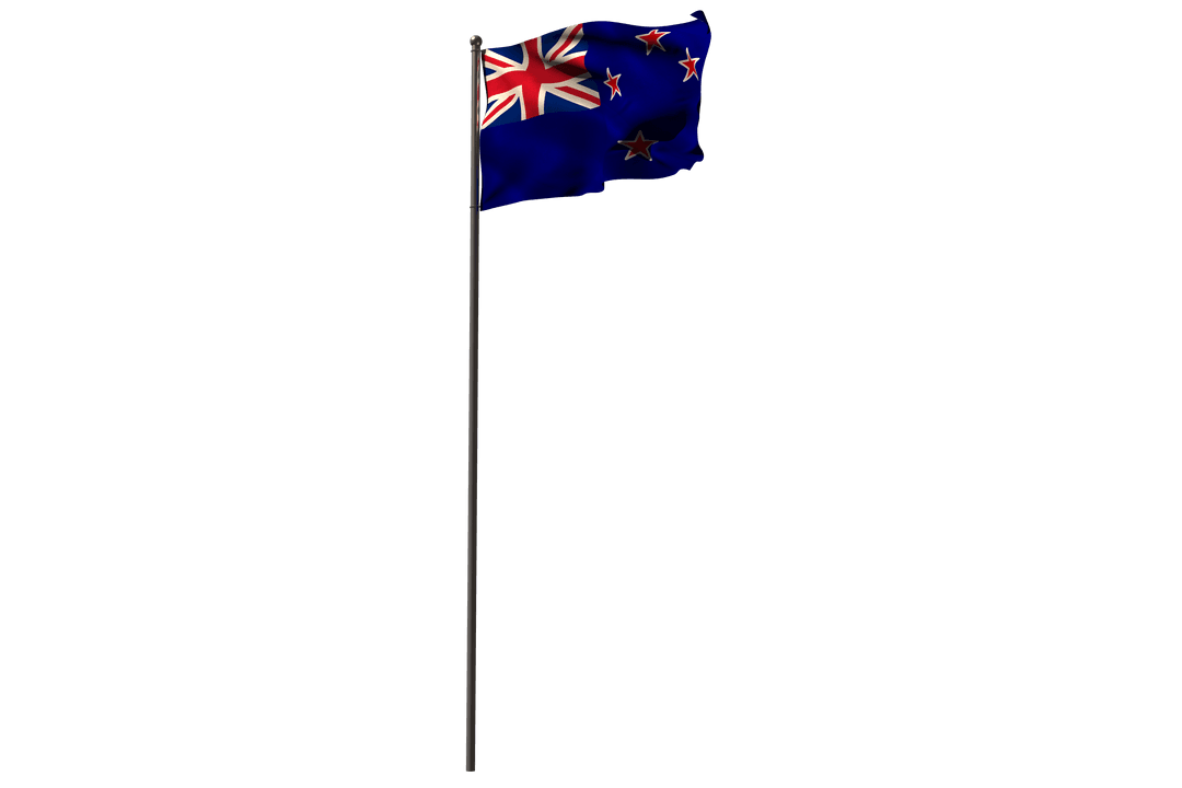 Transparent Waving New Zealand Flag on Pole Against Clear Background