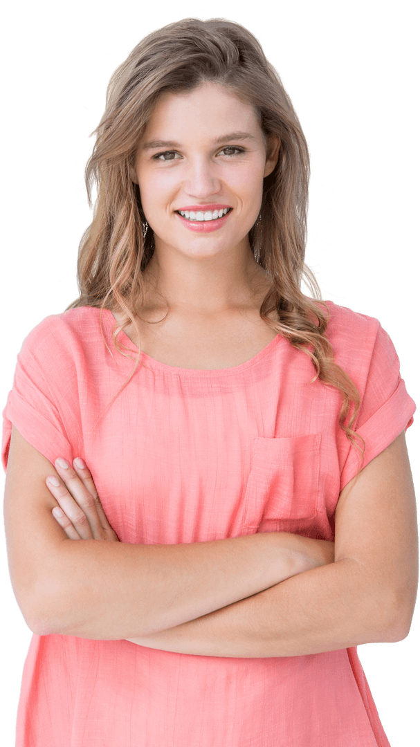 Smiling Woman In Peach Blouse with Crossed Arms On Transparent Background
