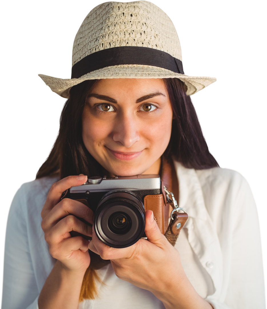 Transparent Image of Woman Wearing Hat Holding Camera Smiling - Download Free Stock Images Pikwizard.com