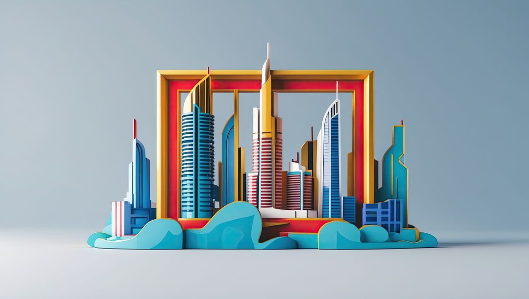 Colorful 3D Cityscape Model with Skyscrapers in Frame