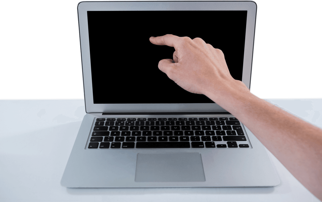Hand Pointing at Transparent Black Laptop Screen for Technology Concept