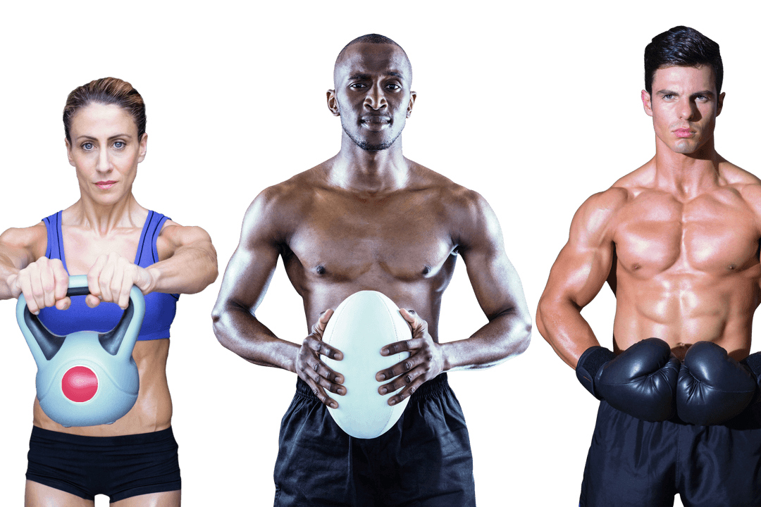 Diverse Athletes Displaying Various Sports Equipment on Transparent Background