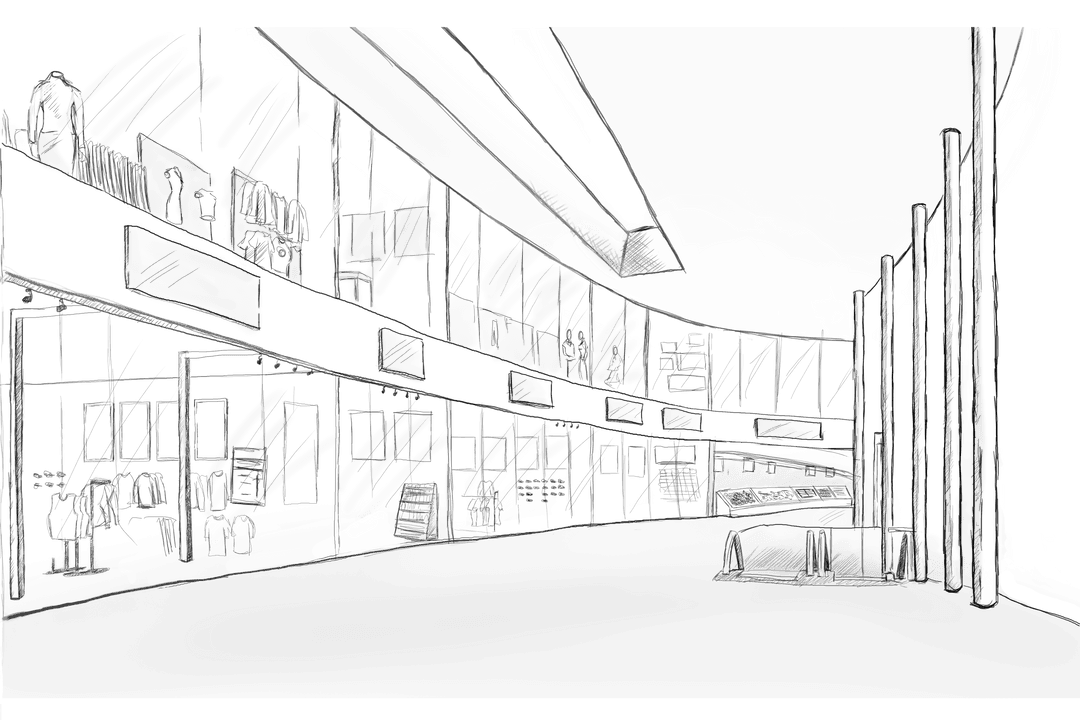 Architectural Transparent Sketch of Modern Mall Design Concept
