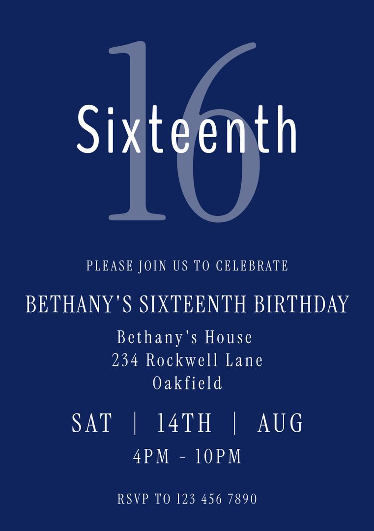 Elegant Navy Blue Sixteenth Birthday Invitation Template - Download Free Stock Templates Pikwizard.com
