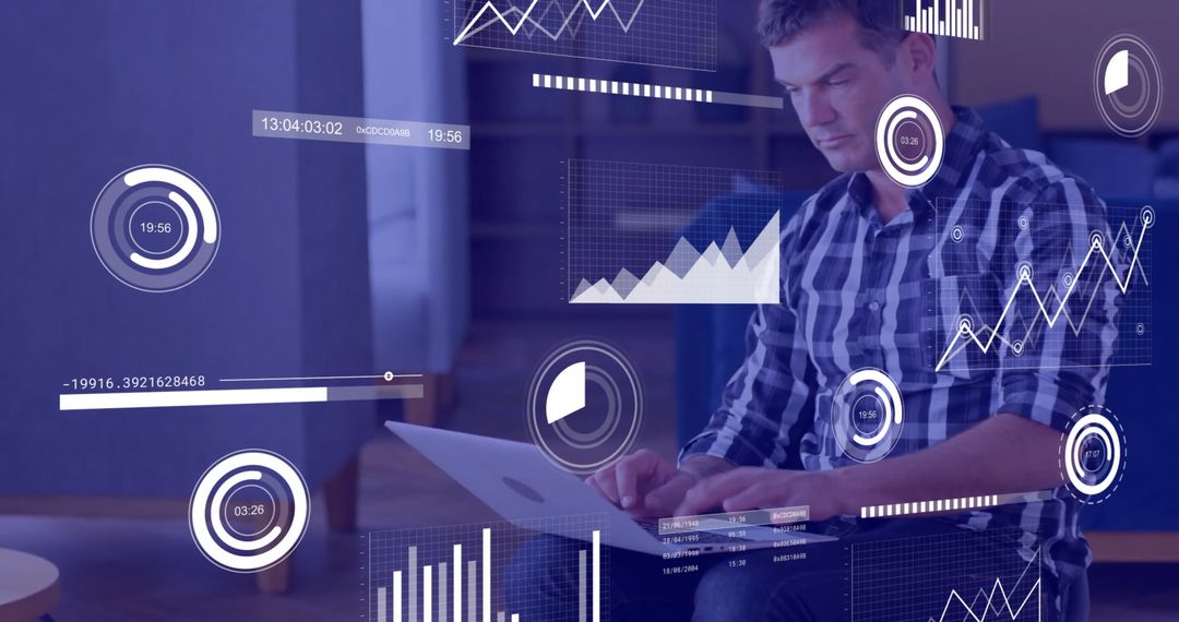 Businessman Analyzing Financial Data with Futuristic Digital Graphs