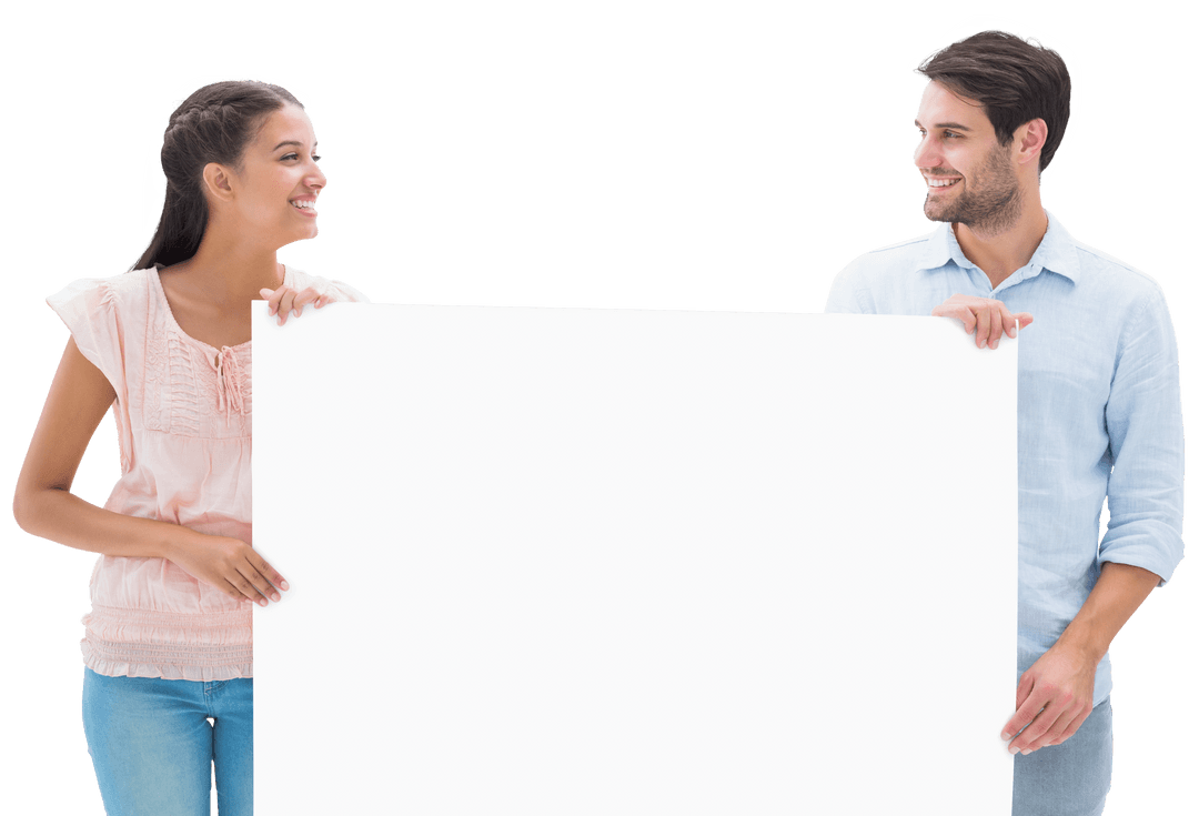 Attractive Couple Smiling Holding Blank Transparent Sign
