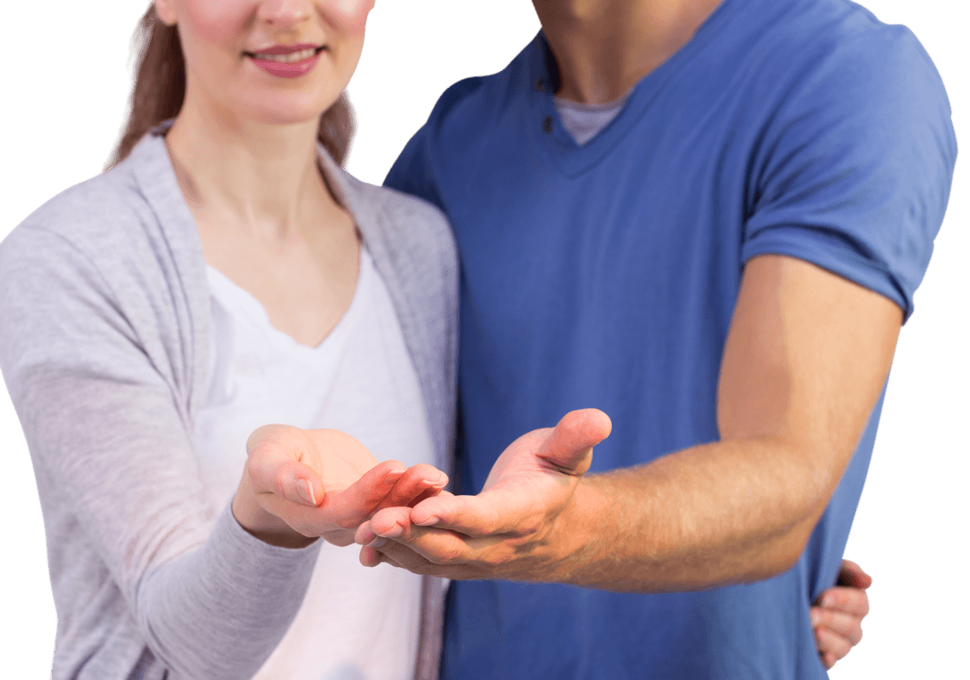 Transparent Overlayed Hands of Smiling Couple Holding Out Collectively