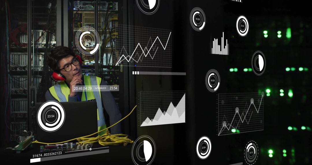 Technician Monitoring Data Center Analytics in Safety Gear