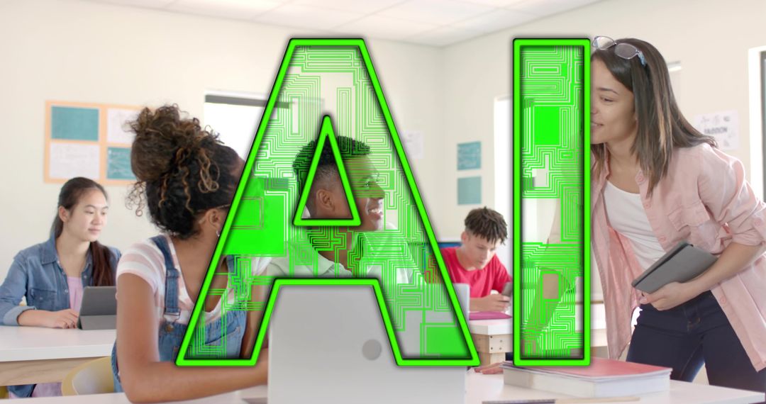 Teacher guiding diverse students using laptops, tablets with AI overlay in bright classroom