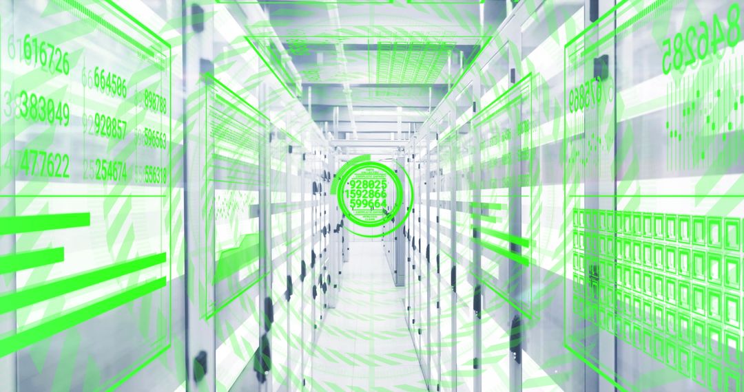 Futuristic Server Room with Green Holographic Data