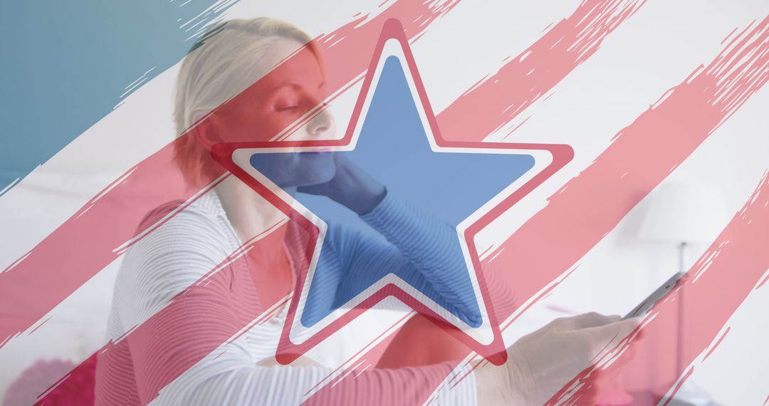 Caucasian Mother Using Smartphone with Floating Patriotic Star Overlay