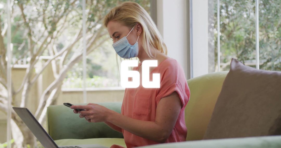 Woman Relaxing at Home in Mask Using Smartphone and Laptop