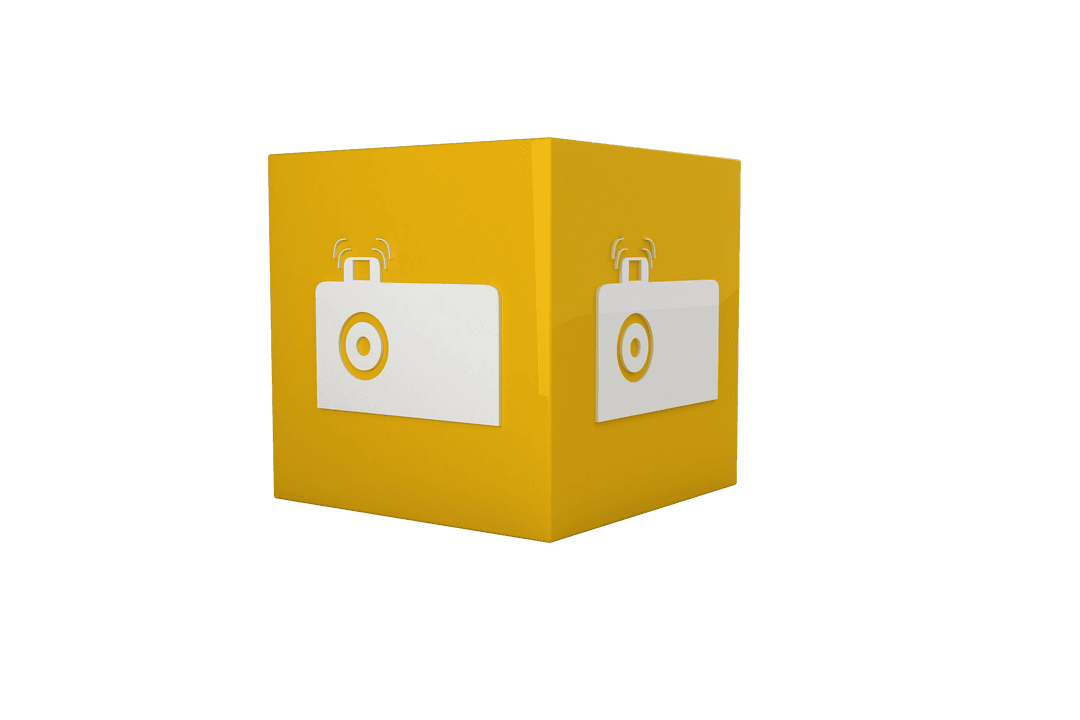 Cube with Camera Icon on Transparent Background, Travel Theme