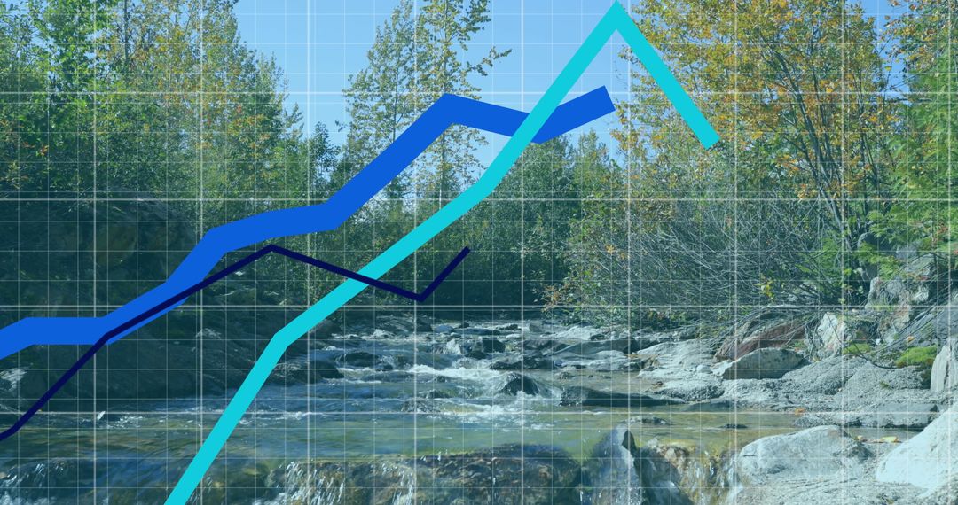 Business Growth Graphs Over Scenic Forest Stream