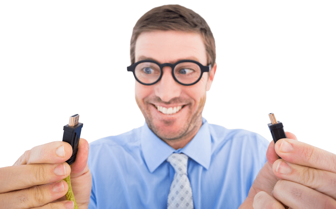 Smiling Businessman Holding Cables on Transparent Background