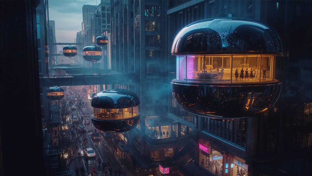Futuristic Urban Bays with Hovering Offices at Dusk