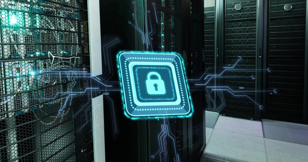 Cybersecurity Concept with Digital Lock in Modern Server Room