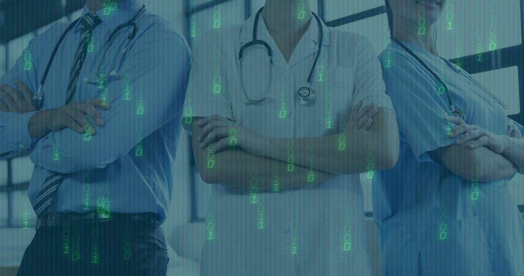 Healthcare Professionals with Digital Data Overlay in Modern Setting