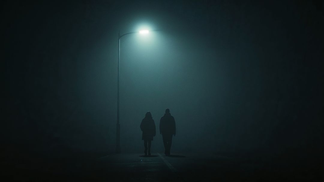 Couple Walking Under Lamppost in Foggy Night Scene