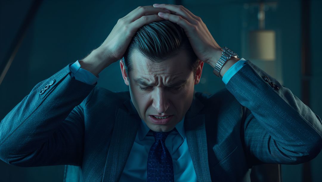 Stressed Businessman Gripping Head in Office with Introspective Mood