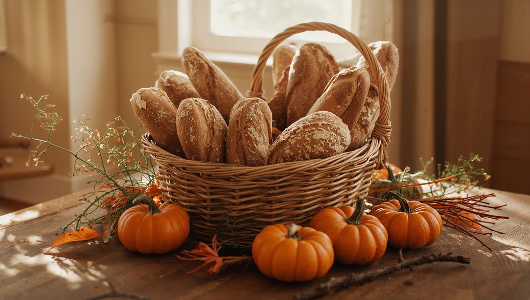 Country-Style Bread Basket with Pumpkins on Rustic Table