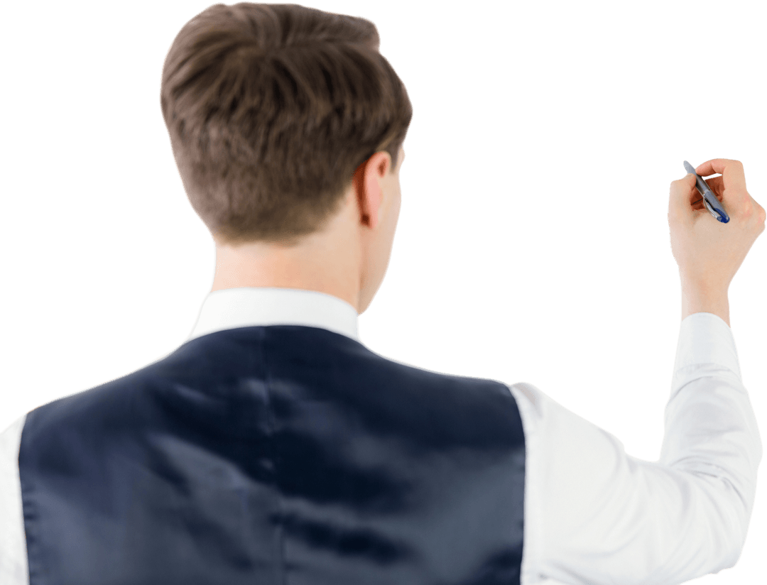 Transparent View Businessman Writing with Pen Raised in Hand