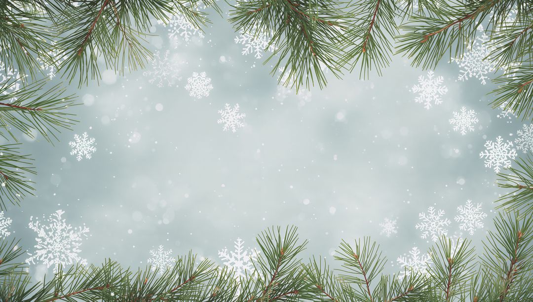 Pine Branch Frame with Snowflakes and Soft Bokeh for Winter Seasonal Greeting Background