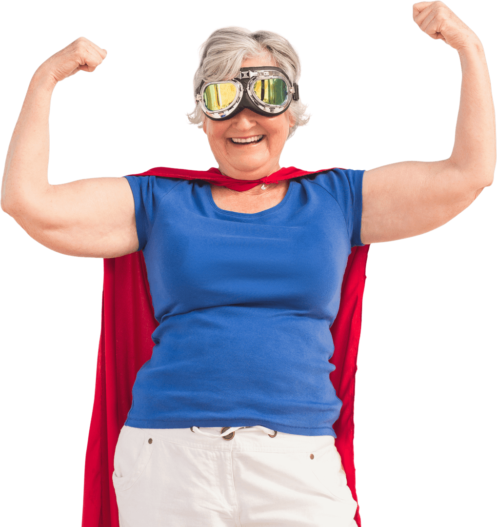 Energetic Senior Woman Dressed as Superhero with Cape and Goggles - Transparent
