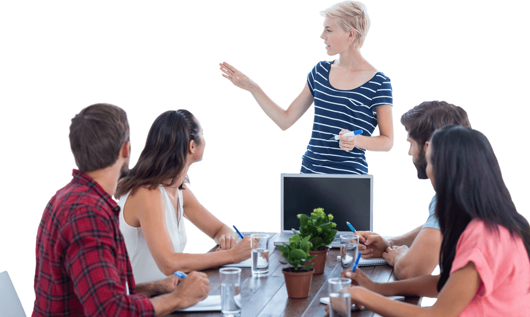 Transparent Businesswoman Leading Presentation with Team