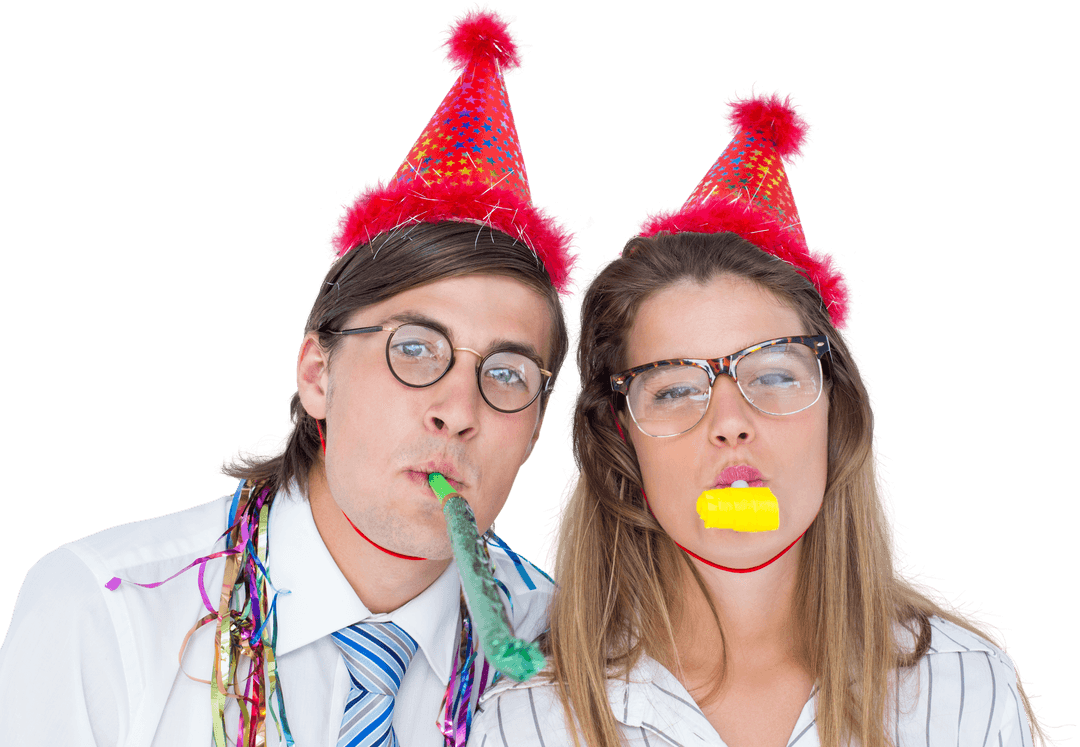 Transparent Geeky Couple at Party Celebrates with Horn and Hats
