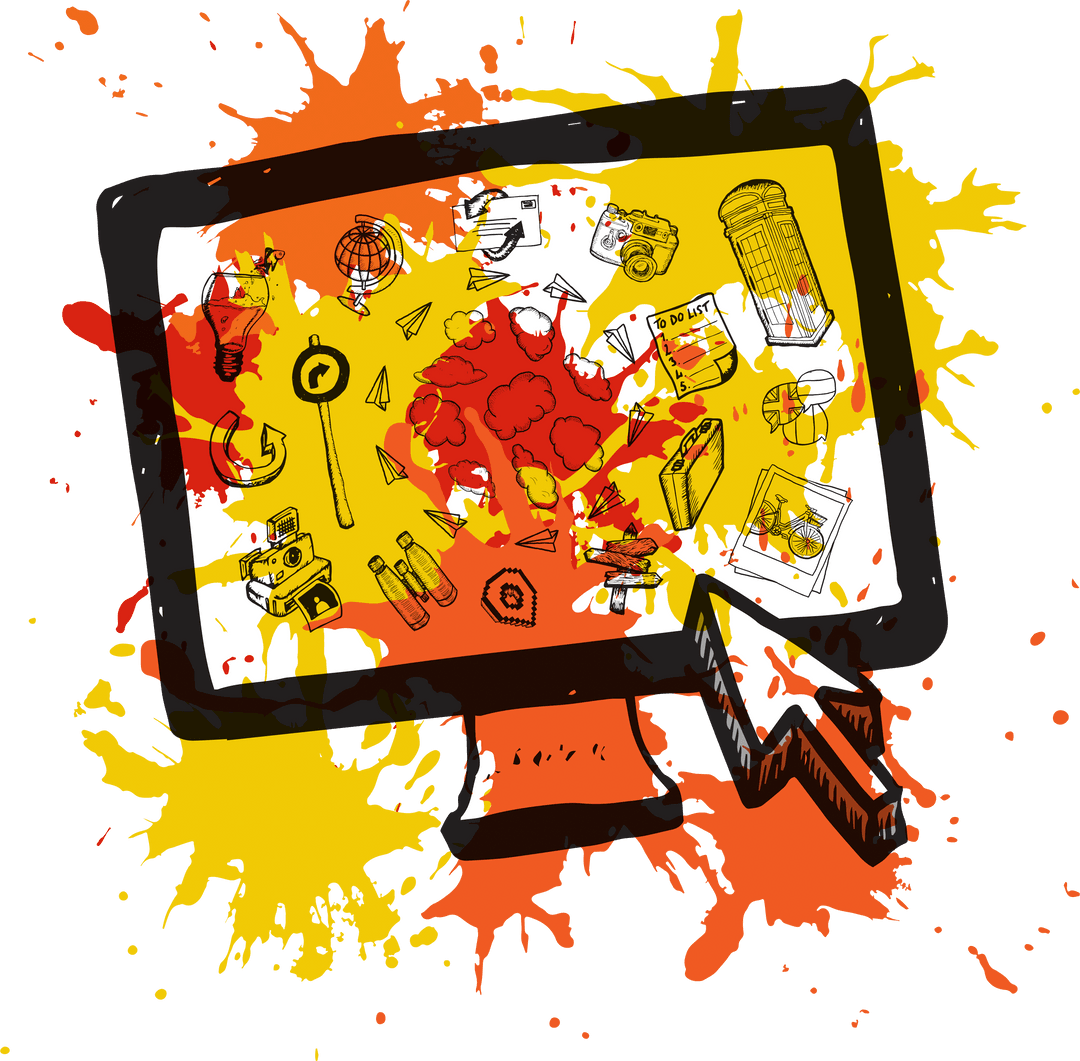 Transparent Computer Screen with Travel Icons and Splashes