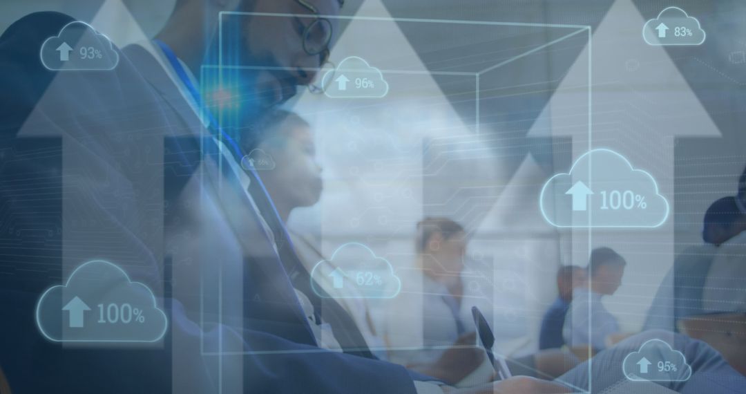 Digital Technology and Cloud Data Synchronization in Business Team Meeting