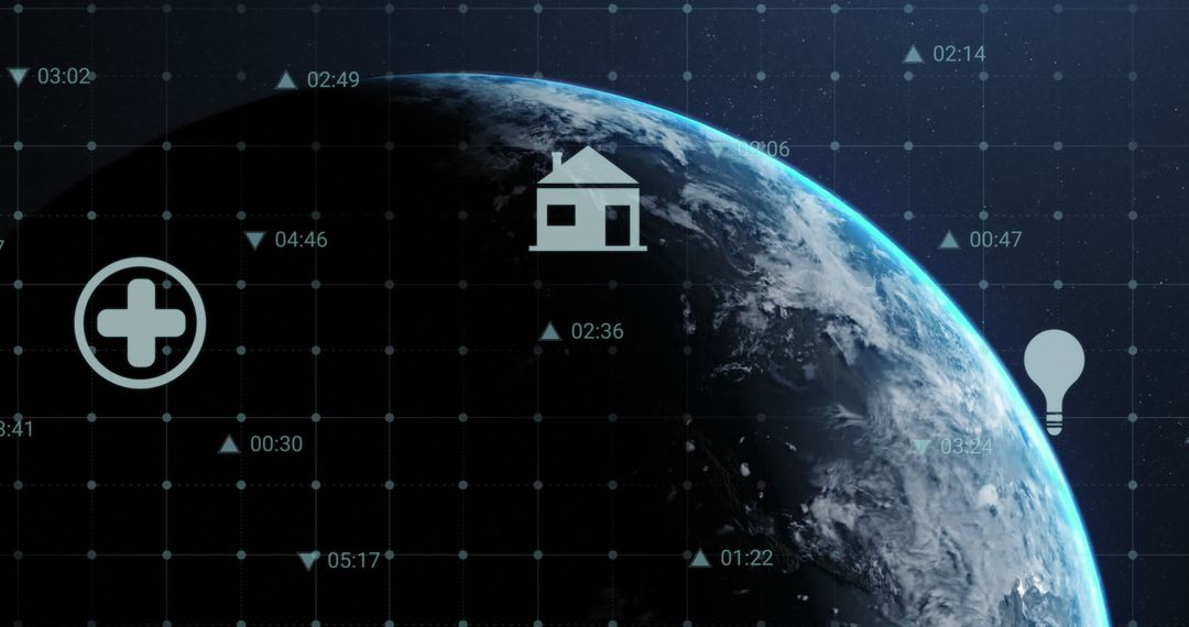 Digital Interface Icons Over Planetary Grid with Earth