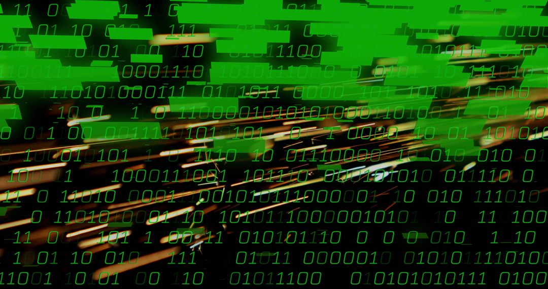 Streaming Neon Binary Data: Green Code Matrix with Orange Light Streaks for Tech Themes