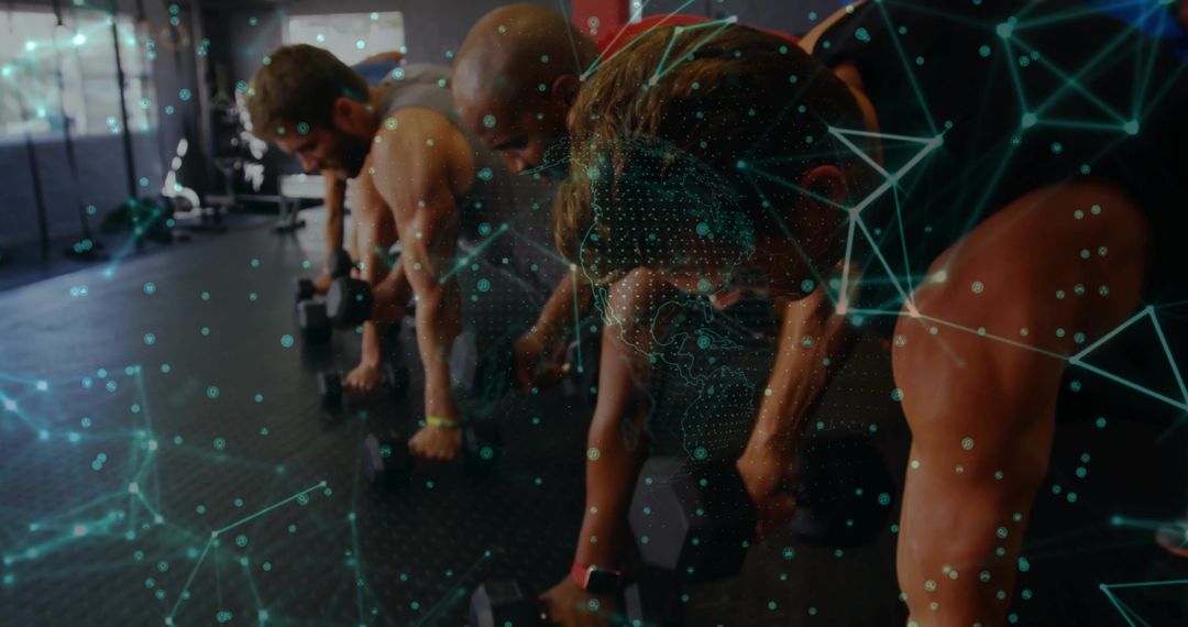 Group Performing Dumbbell Rows with Futuristic Digital Overlay