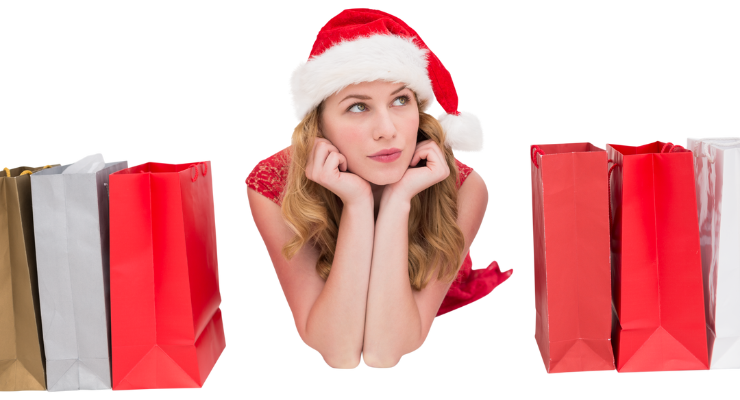 Thoughtful Holiday Shopper in Santa Hat with Gift Bags Transparent Background - Download Free Stock Images Pikwizard.com