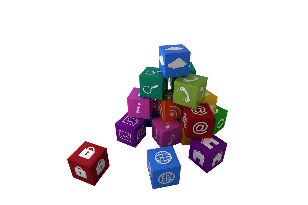 Colorful 3D Computer Icons Stack on Transparent Background