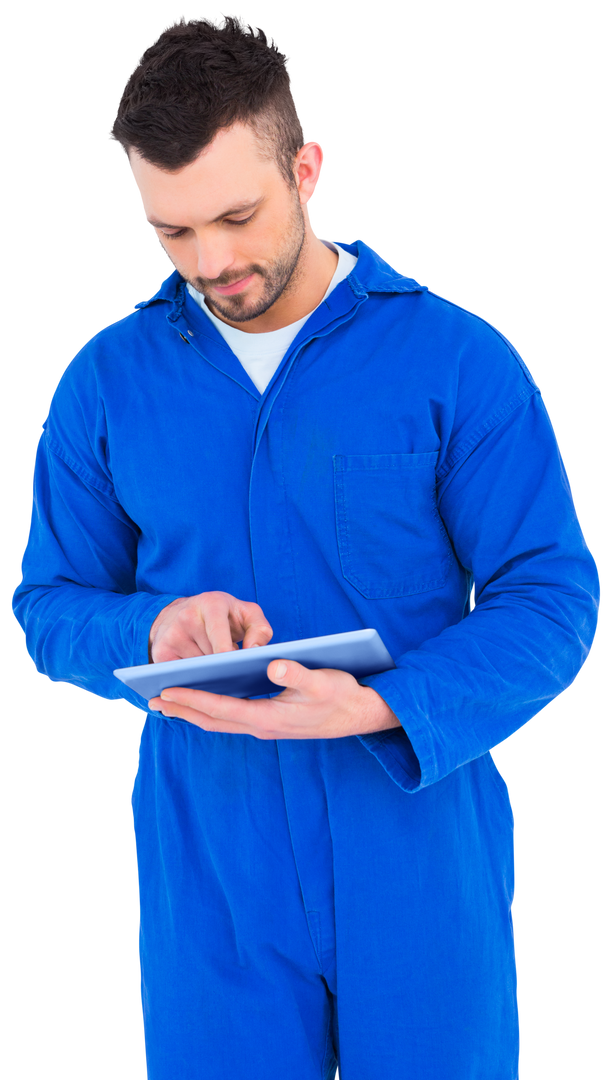 Mechanic Using Transparent Tablet Wearing Blue Overalls - Download Free Stock Images Pikwizard.com