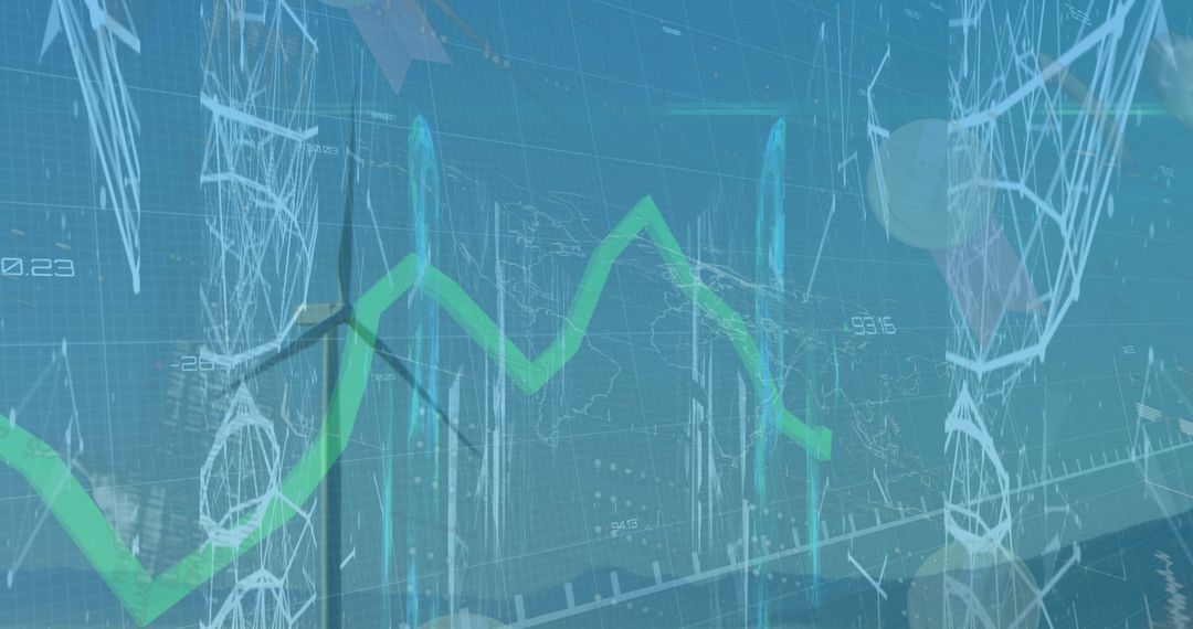 Wind Turbine with Digital Green Line Chart for Sustainable Energy