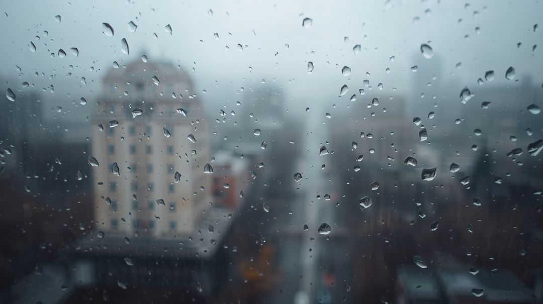 Glistening Rain Droplets Clinging to Window Glass Over Blurred Urban Skyline in Fog