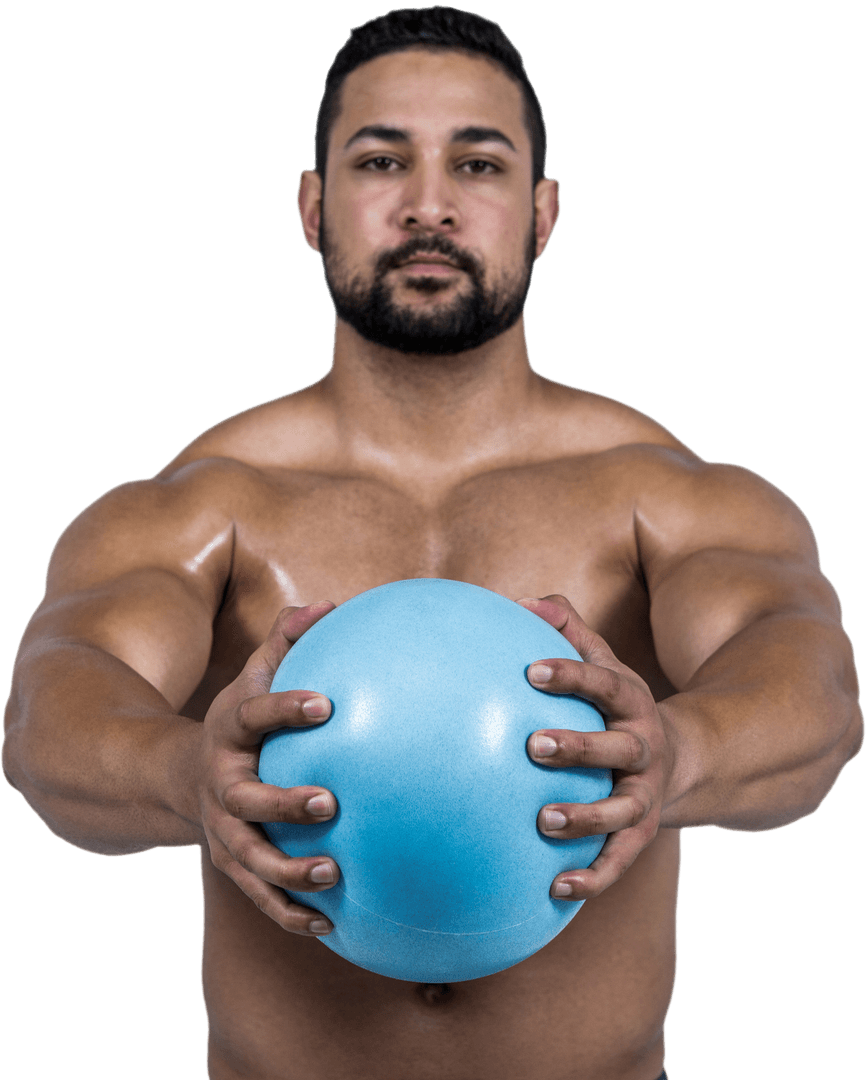 Muscular Man Holding Blue Exercise Ball Transparent Background