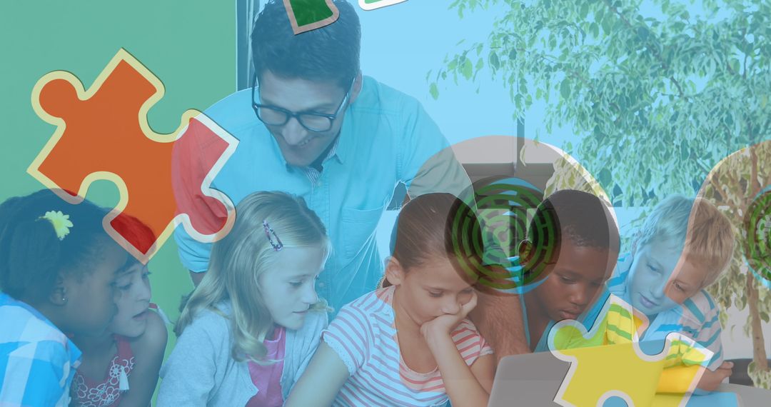 Diverse Class of Children Engaging with Technology and Teacher