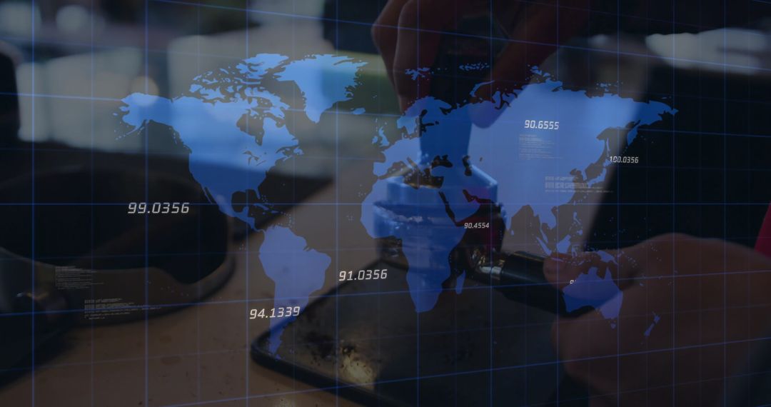 Technician Soldering Circuit Board with World Map Overlay