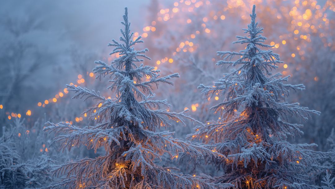 Frosted Evergreens Glowing with Warm String Lights at Twilight in Misty Winter Grove Magic